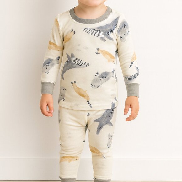 Carter’s Unisex Sleepwear Pajama Set, 2 Piece Size 12M Cream Whale Narwhal-KC035 - Picture 1 of 3